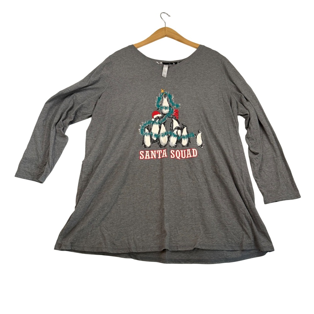 Cacique‎ Sleep Santa Squad Penguin Christmas Pajama Top Gray Plus Size 18/20